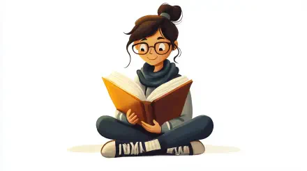A cozy illustration of a girl with glasses reading a book, seated comfortably. This vibrant image captures the joy of reading, serving as a colorful 4K Ultra HD desktop wallpaper.