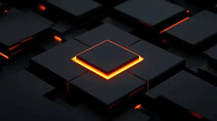 Abstract black geometric pattern with glowing orange accents, creating a striking, high-definition PC desktop wallpaper and background.