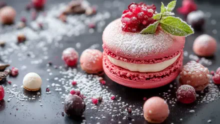 A vibrant pink macaron topped with berries and mint sits among scattered fruits and powdered sugar, creating an artful food display perfect for a HD desktop wallpaper.