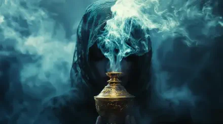 A mystical figure shrouded in smoke holds a golden lamp, capturing the essence of a djinn. A captivating 4K Ultra HD wallpaper for any desktop background.