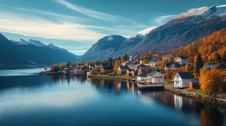 A serene town nestled along a fjord, showcasing colorful houses and stunning mountain reflections in calm waters, captured in vivid 4K Ultra HD detail.