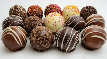 A variety of chocolate truffles in a beautiful arrangement, featuring dark, milk, and white chocolate, adorned with sprinkles and drizzles, set as a 4K Ultra HD desktop wallpaper.