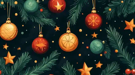 A festive holiday pattern featuring colorful ornaments and stars against a dark background, designed as a 4K Ultra HD PC desktop wallpaper and background.