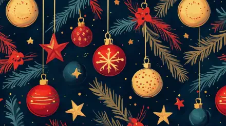 A festive holiday pattern featuring colorful ornaments, stars, and foliage on a dark background, designed as a 4K Ultra HD PC desktop wallpaper and background.