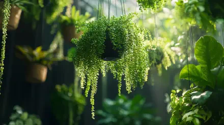 A vibrant hanging plant fills the scene with lush greenery, creating a serene atmosphere. This 4K Ultra HD wallpaper captures the beauty of indoor gardening.