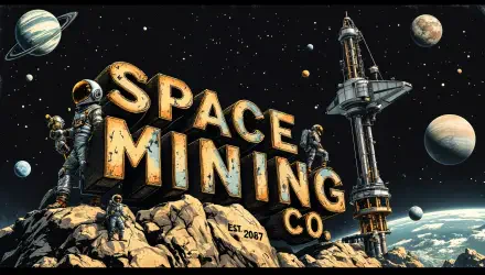 A captivating 4K Ultra HD wallpaper featuring a futuristic space mining company logo with astronauts, a mining rig, and a starry cosmos backdrop.