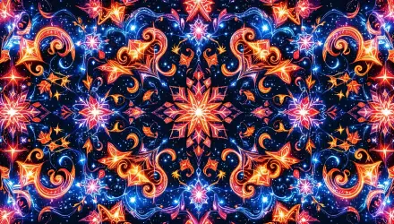 A vibrant festive pattern featuring intricate swirls, stars, and colorful geometric shapes against a deep blue background, designed as a 4K Ultra HD PC desktop wallpaper.