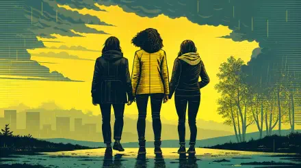 Three women stand together against a dramatic yellow and green backdrop, symbolizing sisterhood. This striking 4K Ultra HD wallpaper captures the essence of unity and friendship.