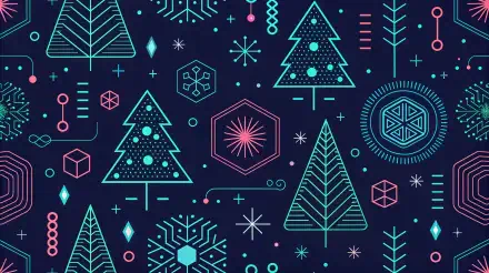 A vibrant festive pattern featuring stylized trees, snowflakes, and geometric shapes in bright colors against a dark background, designed as a 4K Ultra HD PC desktop wallpaper.