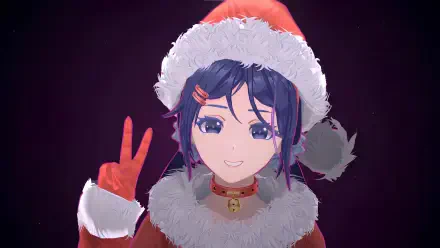 Anime-style character with blue hair in a Santa hat and red gloves, flashing a peace sign, featured in MiSide 4K Ultra HD PC desktop wallpaper and background.