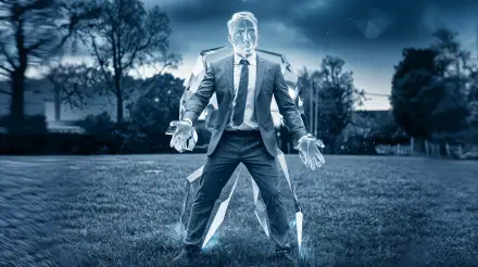 A surreal 4K Ultra HD desktop wallpaper featuring a man in a suit emerging from crystalline structures, set against a dramatic sky and lush green grass.