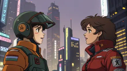 Two characters engage in a flirtatious exchange against a vibrant, futuristic city backdrop. This 4K Ultra HD desktop wallpaper captures an animated moment of connection.