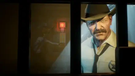 A striking 4K Ultra HD desktop wallpaper from the video game Judas (2025), featuring a stern character in a cowboy hat, illuminated by dramatic lighting through a window.