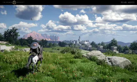 A stunning 4K Ultra HD wallpaper from Crimson Desert, featuring a horse rider in a lush green landscape with dramatic clouds and distant mountains, capturing an immersive gaming experience.