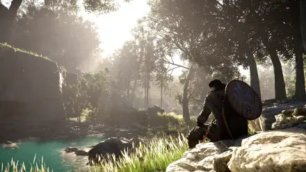 A serene landscape from the video game Crimson Desert, showcasing a character resting by a tranquil stream, illuminated by warm sunlight filtering through the trees. 4K Ultra HD quality.