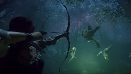 A character aims a bow in a mysterious forest, with ethereal creatures lurking in the background. This captivating HD image showcases the enchanting world of Fable (2025).