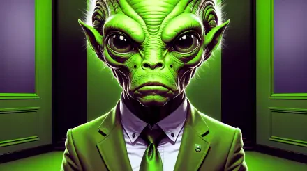 An alien diplomat in a green suit stands confidently against a vibrant background, showcasing a blend of intelligence and otherworldly charisma. A striking 4K Ultra HD desktop wallpaper.