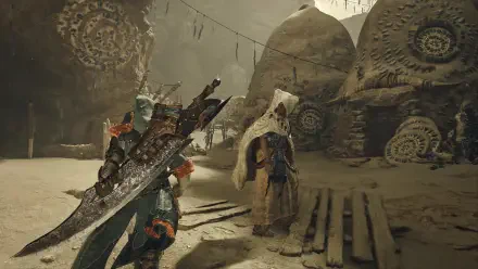 A scene from the video game Monster Hunter Wilds, featuring a character wielding a large sword in a dusty, atmospheric setting with unique structures in the background.
