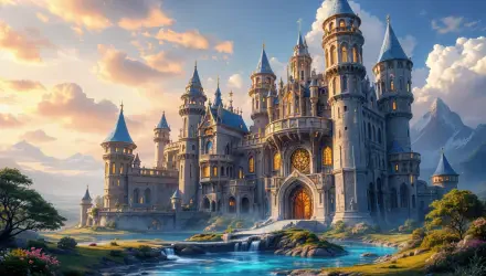 A stunning fairytale castle with tall towers and intricate architecture, set against a vibrant sky, creating a captivating 4K Ultra HD desktop wallpaper and background.