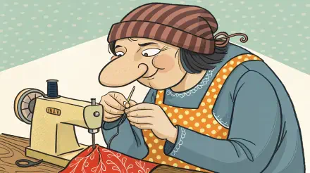 A cheerful woman in a polka-dot apron uses a sewing machine, focusing intently on her craft, set against a soft, patterned background. This image serves as a vibrant sewing-themed desktop wallpaper.