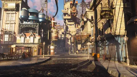 A vibrant 4K Ultra HD wallpaper featuring a steampunk-inspired cityscape from the video game Clockwork Revolution, showcasing detailed architecture and a surreal atmosphere.