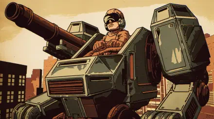 A mech pilot sits confidently in a detailed mech, set against a city skyline, showcasing a blend of action and futuristic design in this 4K Ultra HD wallpaper.