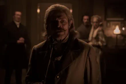 A scene from Nosferatu (2024) features Willem Dafoe in a dark, atmospheric setting, capturing the eerie essence of the film. This 4K Ultra HD wallpaper enhances any desktop background.