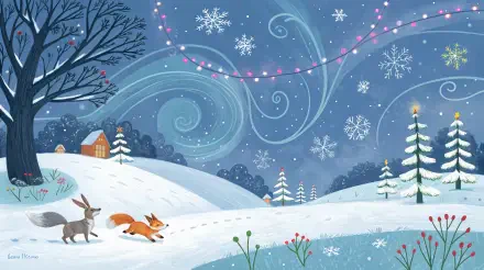 A serene snowstorm scene featuring a playful fox and a hare on a snowy landscape, adorned with twinkling lights and delicate snowflakes, captured in vibrant 4K Ultra HD.