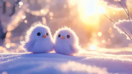 Two cute, fluffy birds nestled in soft snow, illuminated by warm sunlight, creating a charming winter scene. This image serves as a delightful 4K Ultra HD desktop wallpaper.