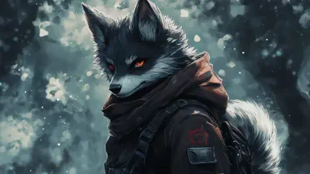 A striking HD wallpaper featuring an anthropomorphic wolf with intense red eyes, dressed in a dark outfit and scarf, set against a snowy background, showcasing artistic flair.