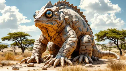 A stunning 4K Ultra HD wallpaper featuring a chameleon-like creature with large, expressive eyes, set against a dramatic landscape of arid terrain and scattered trees.
