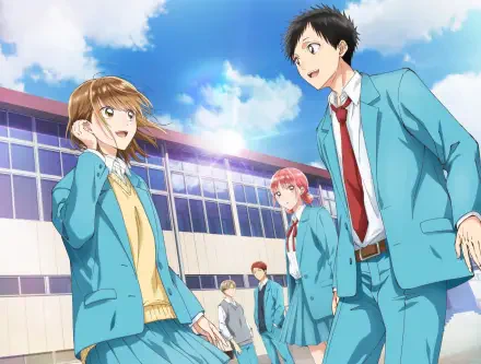 Anime-style HD PC desktop wallpaper featuring characters from Blue Box in school uniforms under a bright blue sky with clouds.