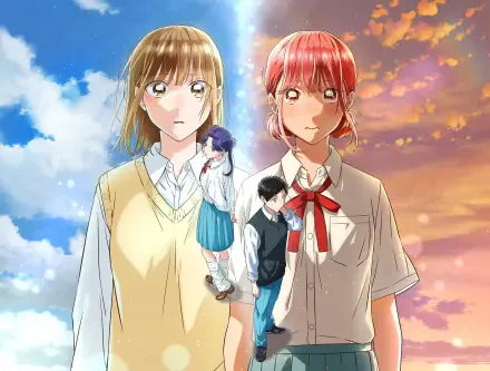 Anime HD PC desktop wallpaper/background: Blue Box — two schoolgirls back-to-back against a split day/night sky, two smaller figures between them showing contrasting emotions.
