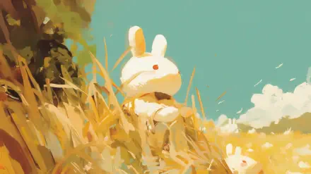 A cute Pochacco character sits amidst golden grass under a clear blue sky, showcasing a charming anime style. This HD wallpaper brings a delightful, kawaii touch to any desktop background.