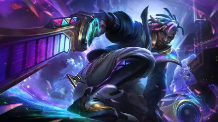An 8K Ultra HD desktop wallpaper featuring Ekko from League of Legends, showcasing his dynamic pose and vibrant colors against a surreal, energetic background.