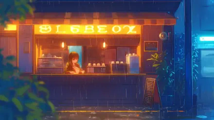 An anime-inspired coffee shop scene set during rain, illuminated by warm lights. This HD wallpaper captures a cozy, lofi atmosphere perfect for desktop backgrounds.