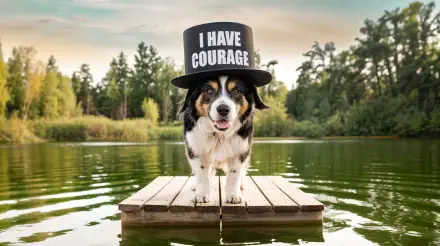 A playful dog wearing a top hat that reads I HAVE COURAGE stands confidently on a wooden dock, surrounded by serene water and lush greenery. A vibrant 4K Ultra HD wallpaper.