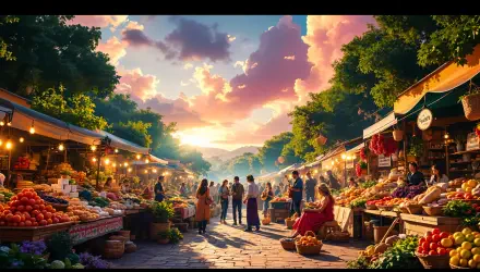 A vibrant farmers market scene at sunset, filled with colorful produce and bustling vendors under a beautiful sky. This image showcases the charm of community markets in stunning 4K Ultra HD.