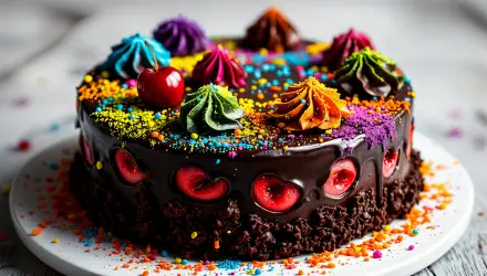 A vibrant black forest cake topped with multicolored cream swirls, cherries, and sprinkles, showcased in a stunning 4K Ultra HD desktop wallpaper. 