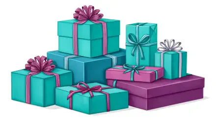 A vibrant 4K Ultra HD desktop wallpaper featuring neatly wrapped holiday presents in teal and purple with decorative bows, symbolizing celebration and gift-giving.