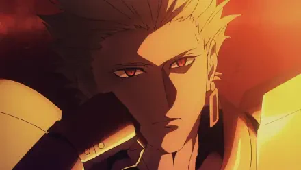 HD wallpaper featuring Gilgamesh from Fate/Strange Fake, illustrating his striking features and intense expression in a vibrant, warm color palette.