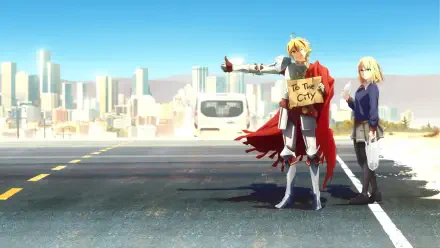 Anime scene from Fate/strange fake, featuring characters hitchhiking on a city road with a vibrant skyline in the background. High-definition desktop wallpaper.