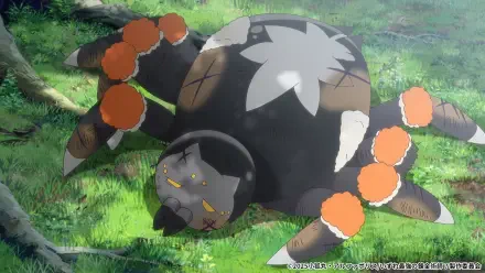 An anime-inspired HD desktop wallpaper featuring a large, stylized spider with a unique design, surrounded by lush greenery, embodying the theme of alchemy.