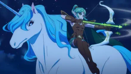 An anime-style archer rides a majestic unicorn, poised with a bow and glowing arrow, against a starry night background. A striking HD desktop wallpaper featuring fantasy elements.