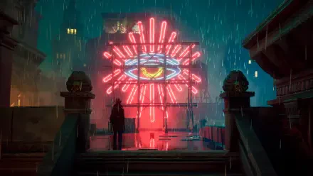 A captivating 4K Ultra HD wallpaper featuring a neon-lit scene from the video game Sleight of Hand, showcasing vibrant colors against a rainy urban backdrop.