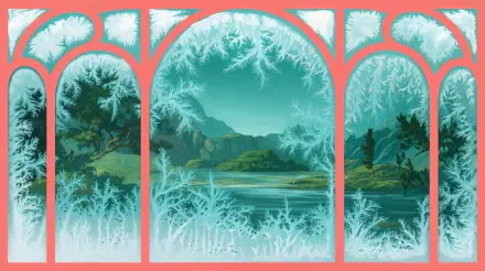 A frosty window scene featuring delicate ice patterns, showcasing a serene landscape with hills and a river beyond, designed as a 4K Ultra HD PC desktop wallpaper.