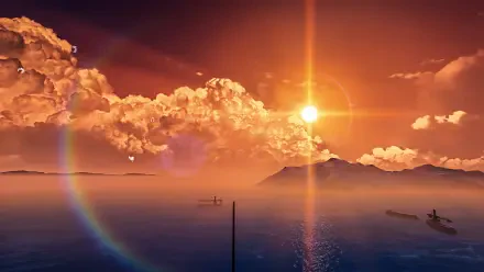 A breathtaking 8K Ultra HD PC desktop wallpaper featuring golden sunset waves and dramatic clouds, capturing the essence of Wuthering Waves.