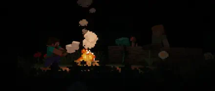 Cozy HD Minecraft PC wallpaper showing Steve and Alex sitting around a campfire at night, with warm glowing flames and pixelated smoke in a dark outdoor setting.