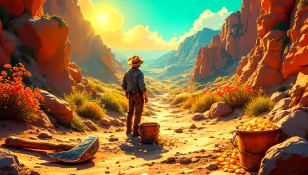 A gold miner stands in a vibrant canyon at sunrise, surrounded by golden treasures and colorful flora, captured in stunning 4K Ultra HD for a captivating desktop wallpaper.