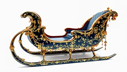 A beautifully ornate sleigh, featuring intricate gold detailing and a rich blue interior, set against a clean backdrop, showcased as a 4K Ultra HD desktop wallpaper.